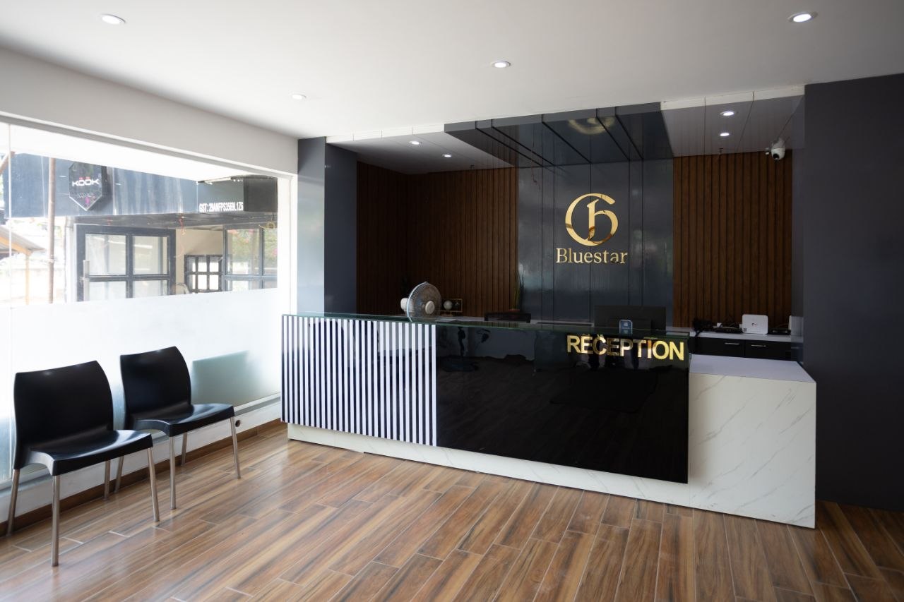 Exterior architectural view of Hotel Grand Blue Star in Mangaluru showcasing luxury design and an elegant facade